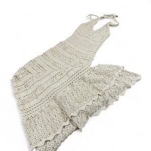 Y2K crochet knit moda international cotton halter maxi dress with open back